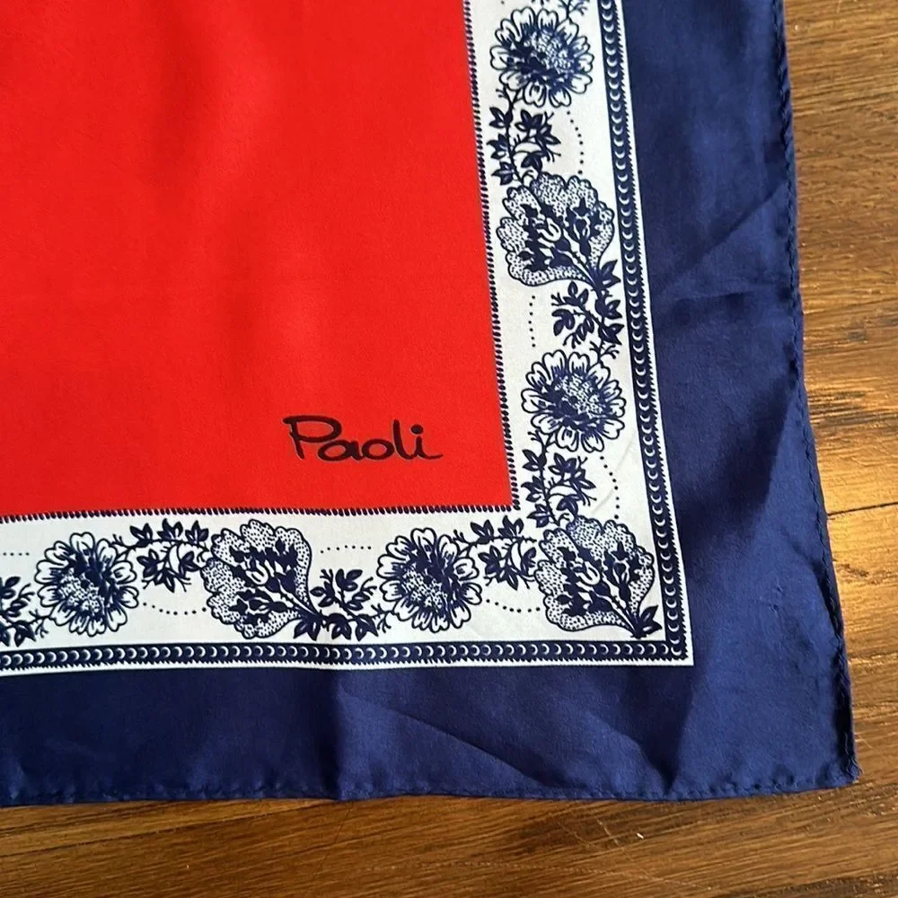 Vintage 70s Paoli red,‎ white & blue polyester scarf with floral border